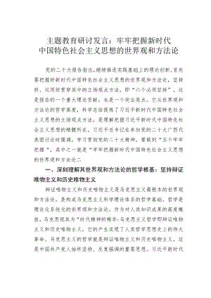 主题教育研讨发言：牢牢把握新时代中国特色社会主义思想的世界观和方法论.docx