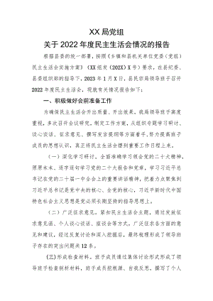 XX局党组关于2022年度民主生活会情况的报告.docx