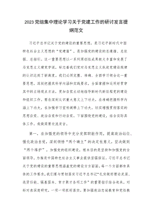 2023党组集中理论学习关于党建工作的研讨发言提纲范文.docx