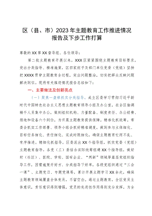 区（县、市）2023年主题教育工作推进情况报告及下步工作打算.docx