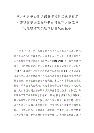 市人大常委会组织部分省市两级代表视察 大茅隧道安保工程和解放路地下人防工程及道路拓宽 改造项目情况的.docx