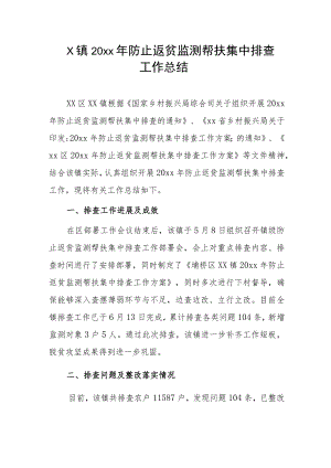 x镇20xx年防止返贫监测帮扶集中排查工作总结.docx