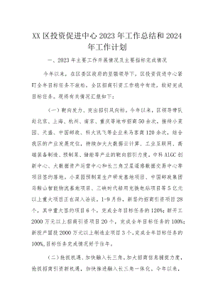XX区投资促进中心2023年工作总结和2024年工作计划.docx