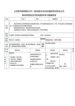 义务教育新课标水平一身体基本活动快速跑用自然站立式做各种突发信号的起跑体育与健康教案.docx