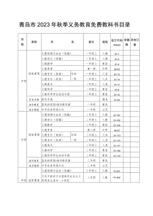 青岛市2023年秋季义务教育免费教科书目录.docx