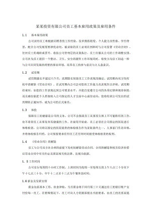 某某投资有限公司员工基本雇用政策及雇用条件.docx