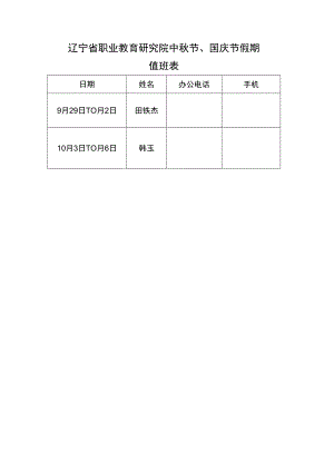 辽宁省职业教育研究院中秋节、国庆节假期值班表.docx
