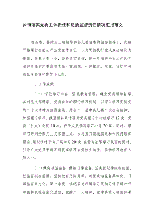 乡镇落实党委主体责任和纪委监督责任情况汇报范文.docx