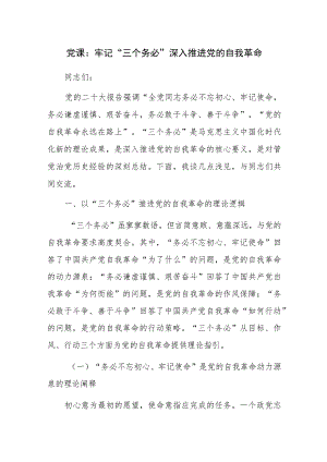 党课：牢记“三个务必” 深入推进党的自我革命参考范文.docx