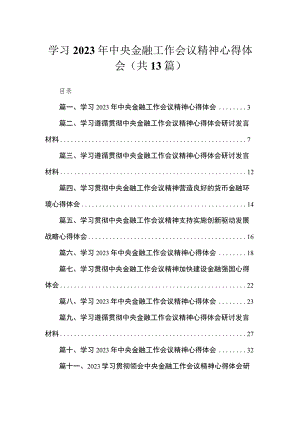 学习2023年中央金融工作会议精神心得体会范文13篇供参考.docx