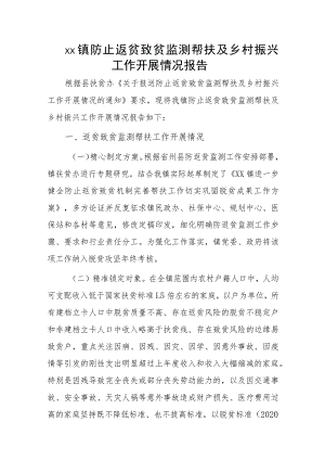 xx镇防止返贫致贫监测帮扶及乡村振兴工作开展情况报告.docx