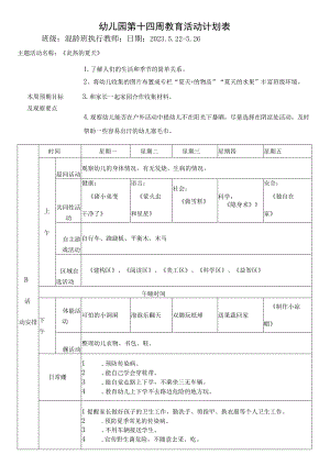 幼儿园第十四周教育活动计划表.docx