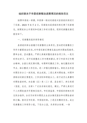 组织部关于市委巡察整改进展情况的报告范文.docx
