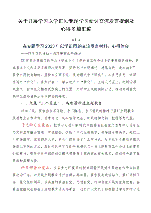 关于开展学习以学正风专题学习研讨交流发言提纲及心得多篇汇编.docx