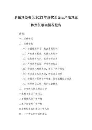 乡镇党委书记2023年落实全面从严治党主体责任落实情况报告 .docx