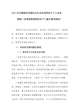 2023年主题教育专题民主生活会领导班子个人发言提纲（含典型案例剖析及个人重大事项报告）范文.docx