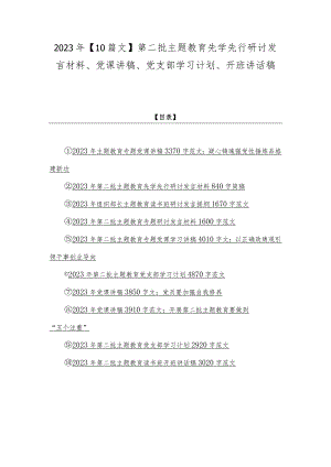 2023年【10篇文】第二批主题教育先学先行研讨发言材料、党课讲稿、党支部学习计划、开班讲话稿.docx
