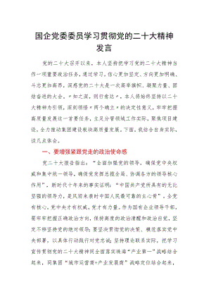 国企党委委员学习贯彻党的二十大精神发言.docx