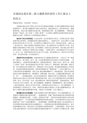 市委政法委在第二批主题教育阶段性工作汇报会上的发言.docx
