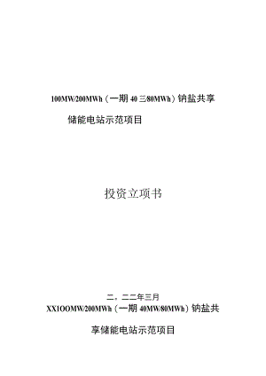 100MW200MWh钠盐共享储能电站示范项目投资立项书.docx