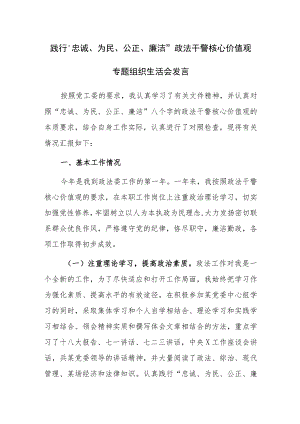 践行“忠诚、为民、公正、廉洁”政法干警核心价值观专题组织生活会发言范文稿.docx