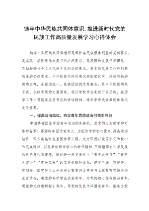 三篇关于铸牢中华民族共同体意识,推进新时代党的民族工作高质量发展学习心得交流发言.docx