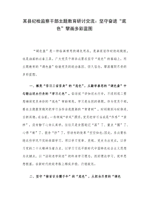 某县纪检监察干部主题教育研讨交流：坚守奋进“底色” 擘画多彩蓝图.docx