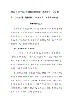 2023年领导班子专题民主生活会“思想意识、初心使命、宗旨立场、纪律作风、职责担当”五个方面检视剖析材料范文.docx