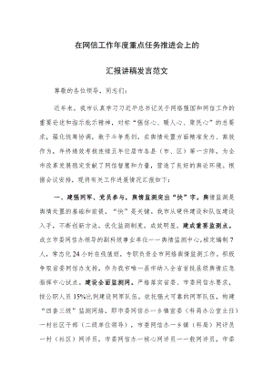 在网信工作年度重点任务推进会上的汇报讲稿发言范文.docx