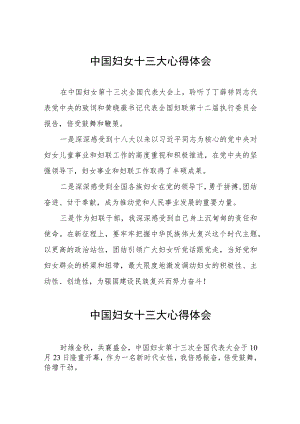 2023年妇女干部学习中国妇女第十三次全国代表大会精神心得体会八篇.docx