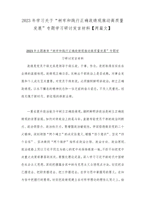 2023年学习关于“树牢和践行正确政绩观推动高质量发展”专题学习研讨发言材料【两篇文】.docx