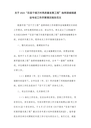 关于2023“百县千镇万村高质量发展工程”指挥部城镇建设专班工作开展情况报告范文.docx