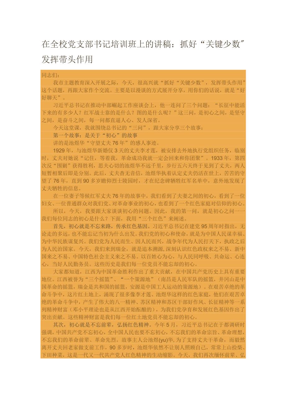 在全校党支部书记培训班上的讲稿:抓好“关键少数”发挥带头作用.docx_第1页