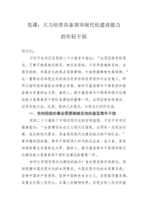 党课：大力培养具备领导现代化建设能力的年轻干部.docx