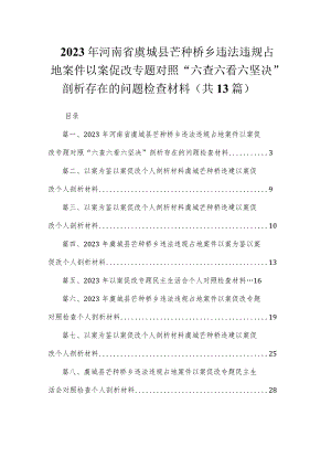 （13篇）2023年河南省虞城县芒种桥乡违法违规占地案件以案促改专题对照“六查六看六坚决”剖析存在的问题检查材料精选.docx