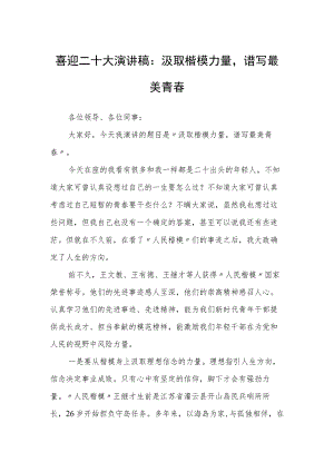 喜迎二十大演讲稿：汲取楷模力量谱写最美青春.docx