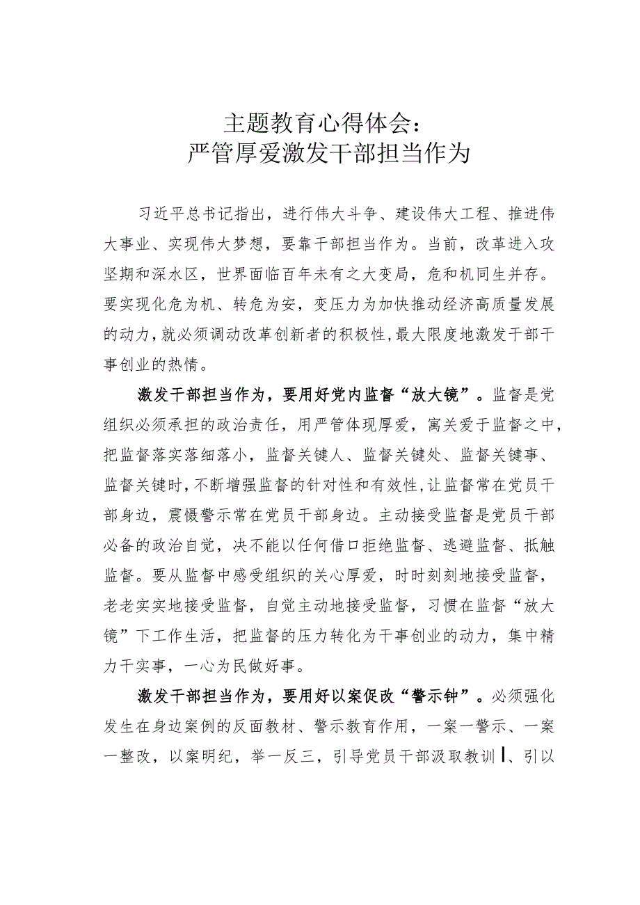 主题教育心得体会:严管厚爱激发干部担当作为.docx_第1页