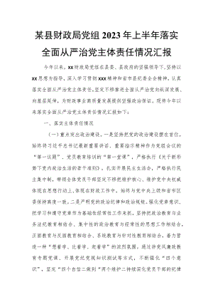某县财政局党组2023年上半年落实全面从严治党主体责任情况汇报.docx