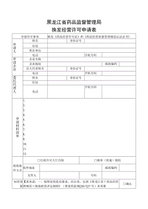 黑龙江省药品监督管理局换发经营许可申请表.docx