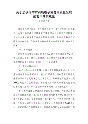 关于加快海宁市跨境电子商务高质量发展的若干政策意见（征求意见稿）.docx