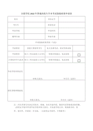 合肥学院2022年普通高校专升本考试鼓励政策申请表.docx