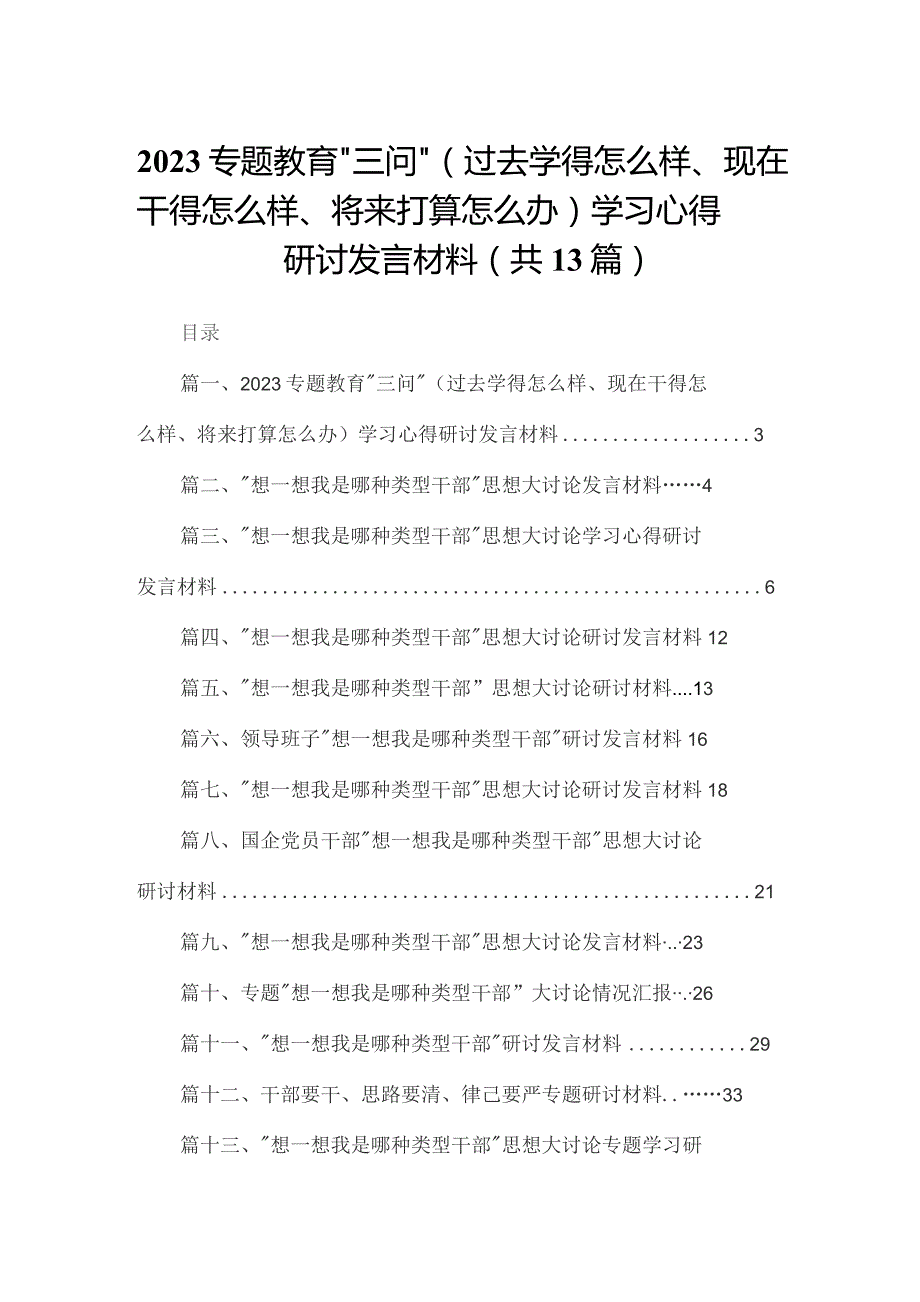 专题教育“三问”（过去学得怎么样、现在干得怎么样、将来打算怎么办）学习心得研讨发言材料【13篇精选】供参考.docx_第1页
