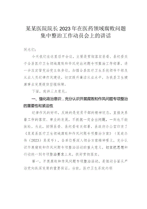某某医院院长2023年在医药领域腐败问题集中整治工作动员会上的讲话.docx