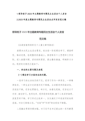 领导班子2023年主题教育专题民主生活会个人发言及点评发言范文稿2篇.docx