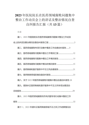 2023年医院院长在医药领域腐败问题集中整治工作动员会上的讲话及整治情况自查自纠报告汇报13篇供参考.docx