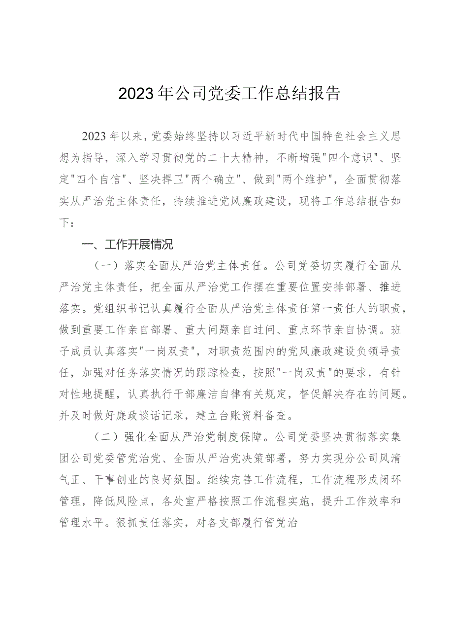2023年公司党委工作总结报告.docx_第1页