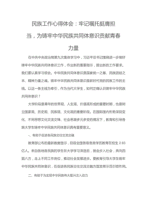 民族工作心得体会：牢记嘱托 挺膺担当为铸牢中华民族共同体意识贡献青春力量.docx