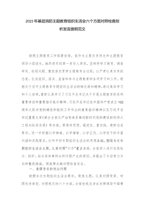 2023年基层消防主题教育组织生活会六个方面对照检查剖析发言提纲范文.docx