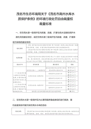 关于《茂名市高州水库水质保护条例》的环境行政处罚自由裁量权裁量标准（征求意见稿）.docx