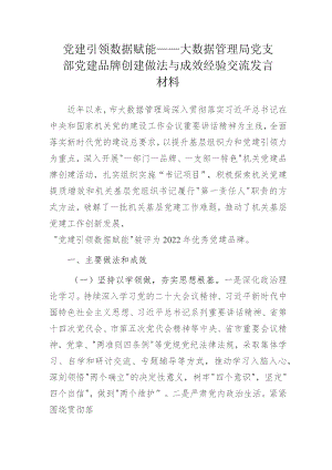 党建引领 数据赋能——大数据管理局党支部党建品牌创建做法与成效经验交流发言材料.docx